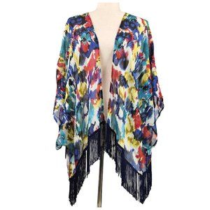 Take Two Clothing Co. Shawl Sz L Tassel Fringe Wrap Dolman Sleeve Abstract Artsy